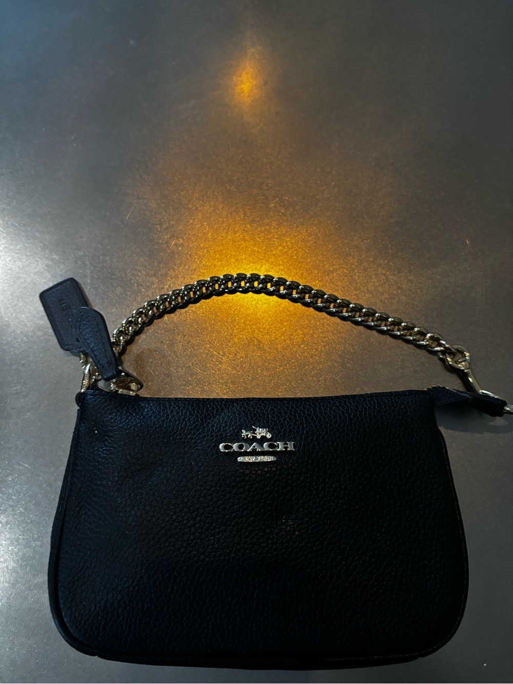Coach Black Leather Wristlet with Gold Chain Handle